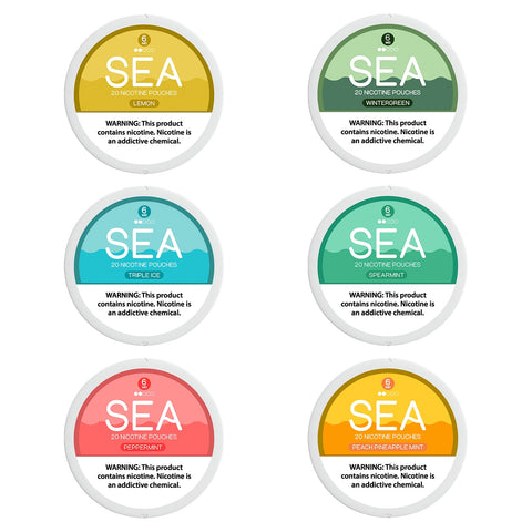 Product image gallery showcasing all six SEA Nicotine Pouch flavors.