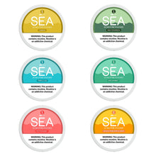 Product image gallery showcasing all six SEA Nicotine Pouch flavors.
