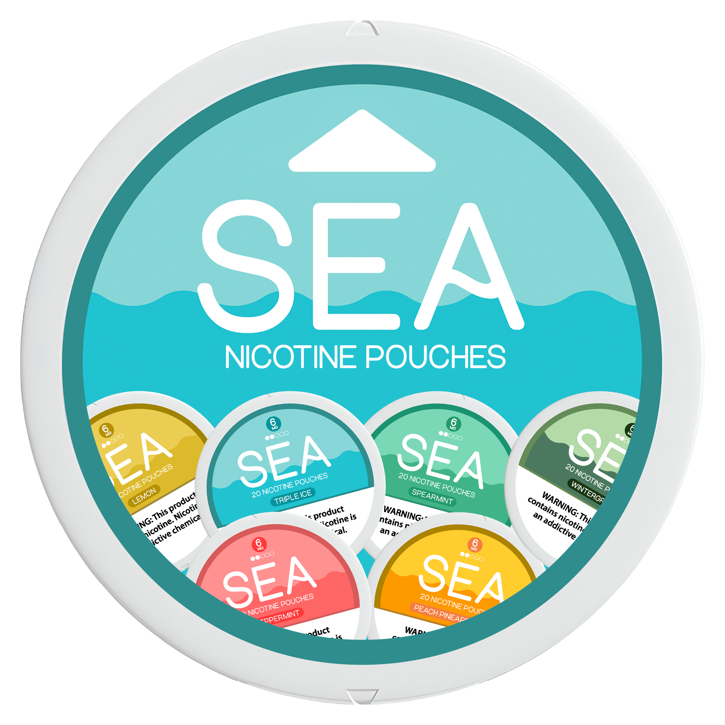 Sea Nicotine Pouches sticker displaying all six flavors and the SEA logo.